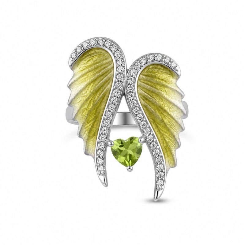 Elegant Angel Wing Ladies Ring with Green Heart Stone