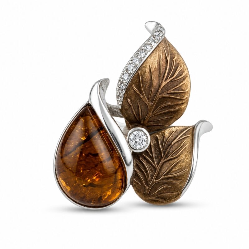Nature Leaf Designer Ladies Ring with Amber Stone