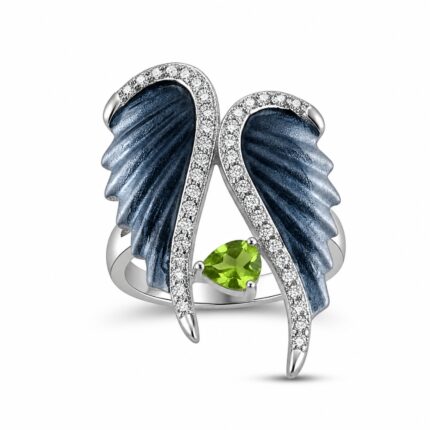 Royal Angel Wing Ladies Ring with Green Crystal Stone