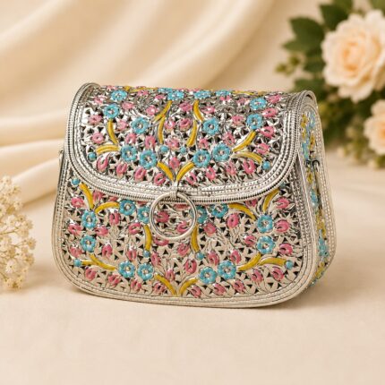 Handcrafted Floral Silver Clutch Purse | Premium Designer Ethnic Handbag