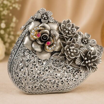 Vintage Floral Silver Potli Clutch Purse for Women | Designer Wedding Handbag