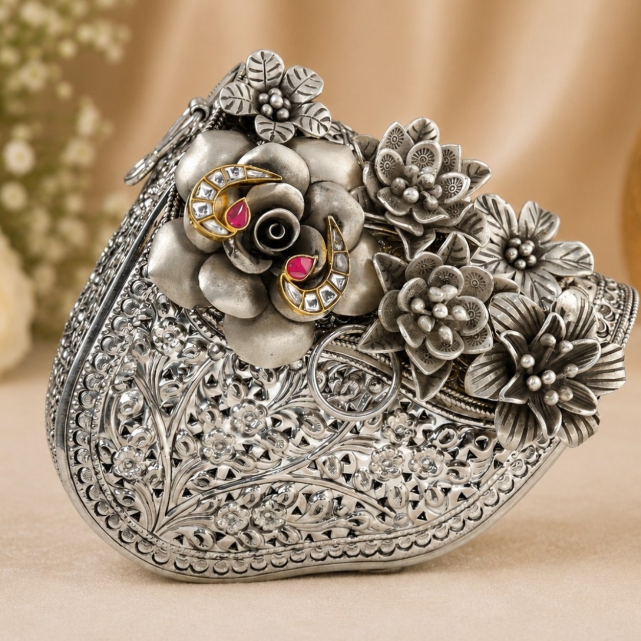 172 Gram (2) Vintage Floral Silver Potli Clutch Purse for Women | Designer Wedding Handbag