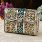 Handcrafted Floral Silver Clutch Purse | Designer Ethnic Party Handbag - Image 2