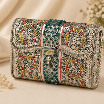 Handcrafted Floral Silver Clutch Purse | Designer Ethnic Party Handbag