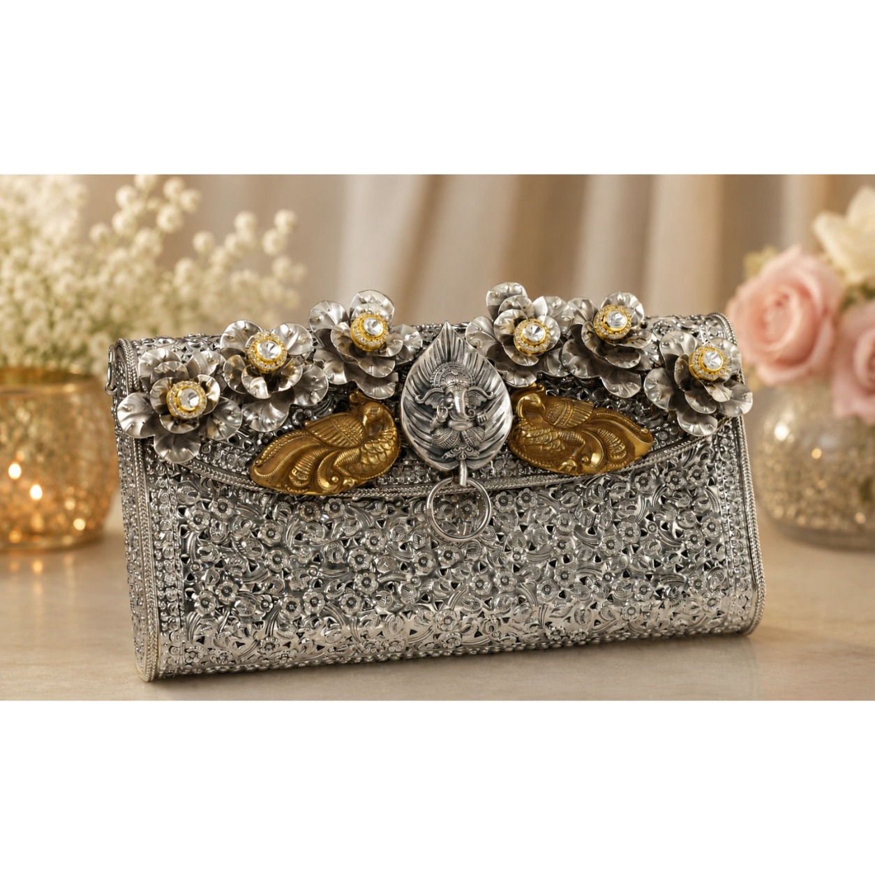 324 Gram Royal Silver Floral Embossed Clutch Bag with Peacock & Ganesha Motif