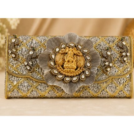 Designer Lakshmi Peacock Silver Clutch Purse for Women | Premium Bridal Wedding Handbag