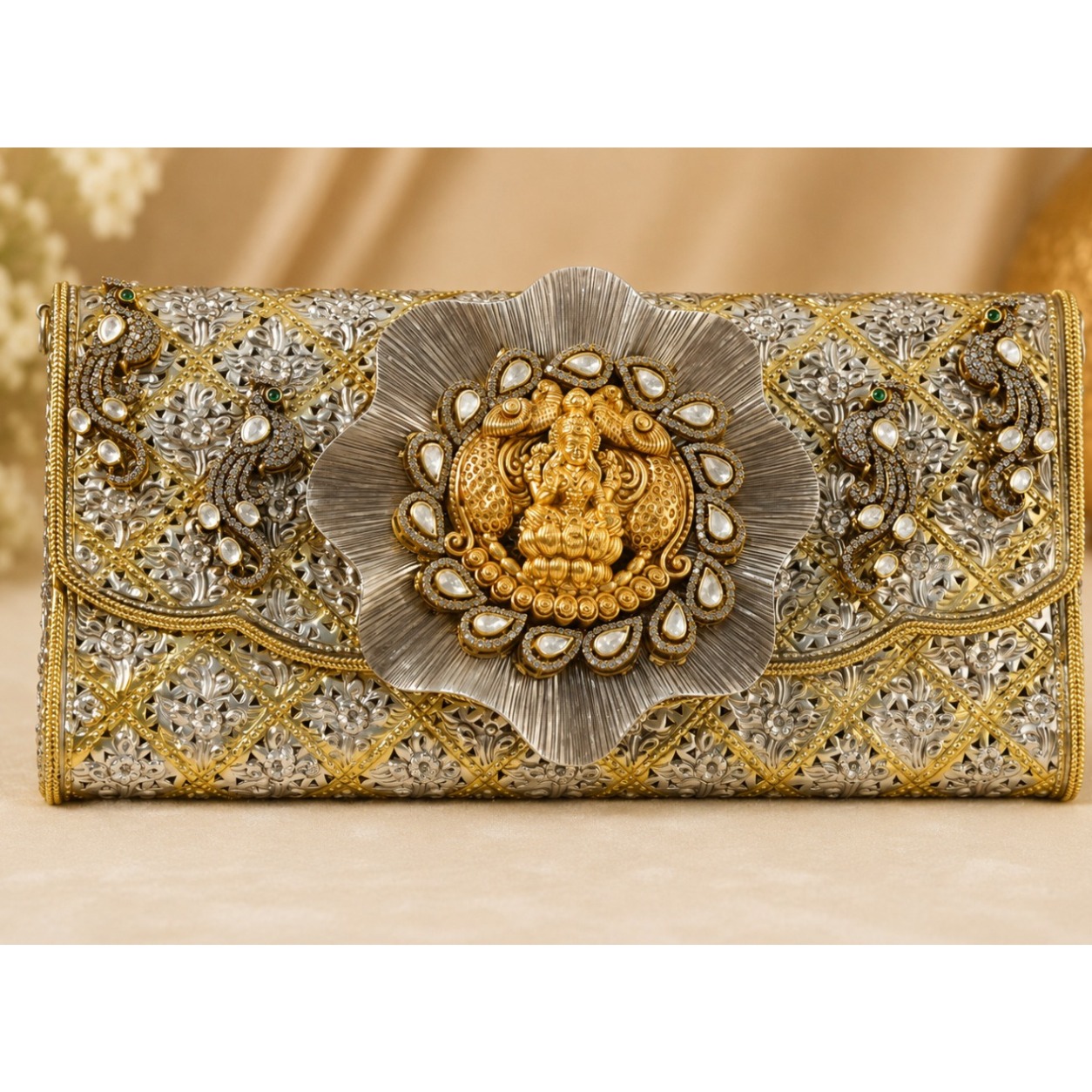 337 Gram (2) Designer Lakshmi Peacock Silver Clutch Purse for Women | Premium Bridal Wedding Handbag