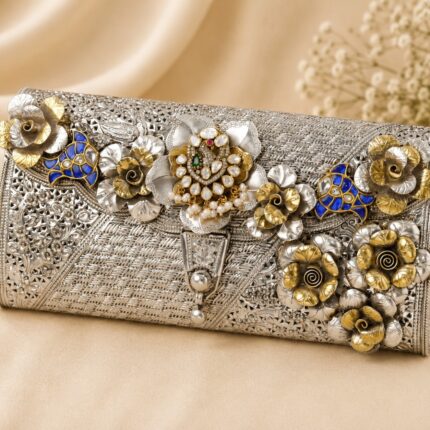Luxury Handcrafted Floral Silver Clutch Purse | Premium Designer Ethnic Handbag