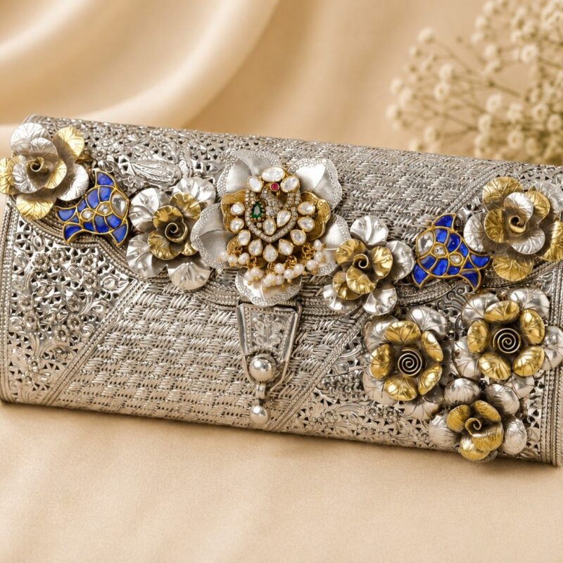 Luxury Handcrafted Floral Silver Clutch Purse | Premium Designer Ethnic Handbag