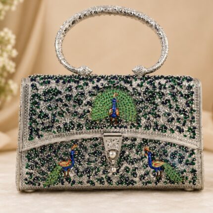 Royal Peacock Handcrafted Metal Clutch Purse with Top Handle