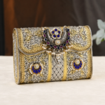 Luxury Silver & Gold Filigree Clutch with Royal Blue Stone Embellishments - Image 2