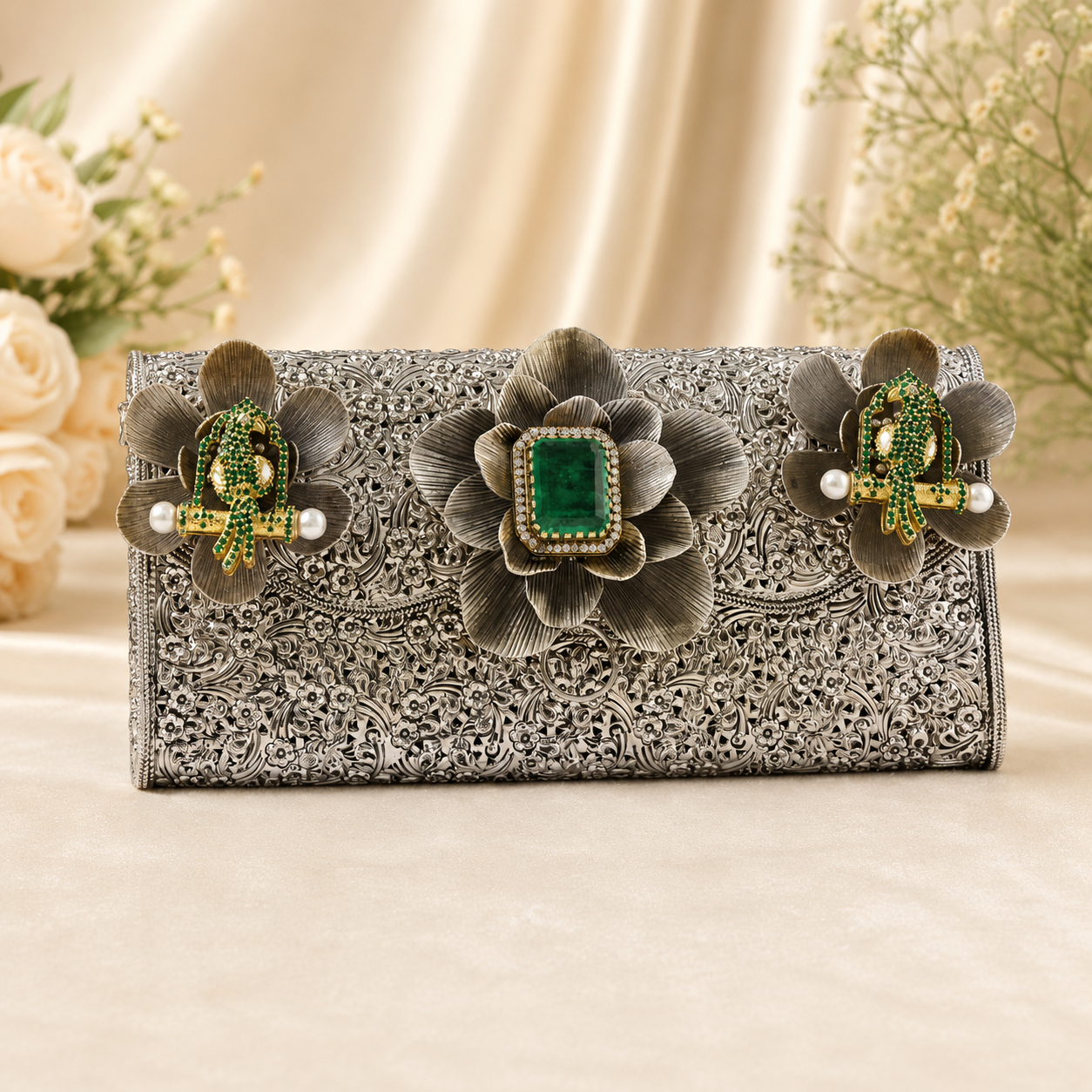 9413a200-80c4-49f4-b3ad-17d2e840f3aa Luxury Floral Designer Clutch with Emerald Stone Antique Silver Evening Purse