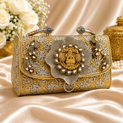 Designer Lakshmi Peacock Silver Clutch Purse for Women | Premium Bridal Wedding Handbag