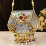 Luxury Antique Silver Potli Clutch with Multicolor Kundan Stones & Pearl Tassels - Image 2