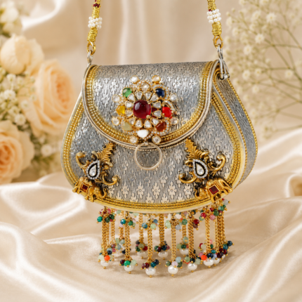 Luxury Antique Silver Potli Clutch with Multicolor Kundan Stones & Pearl Tassels