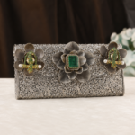 Luxury Floral Designer Clutch with Emerald Stone | Antique Silver Evening Purse - Image 2