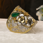 Luxury Floral Designer Clutch with Emerald Stone | Antique Silver & Gold Evening Purse - Image 2
