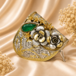 Luxury Floral Designer Clutch with Emerald Stone Antique Silver & Gold Evening Purse