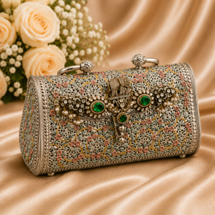 Luxury Handcrafted Silver Floral Clutch with Emerald Stone Embellishments