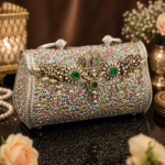 Luxury Handcrafted Silver Floral Clutch with Emerald Stone Embellishments - Image 2