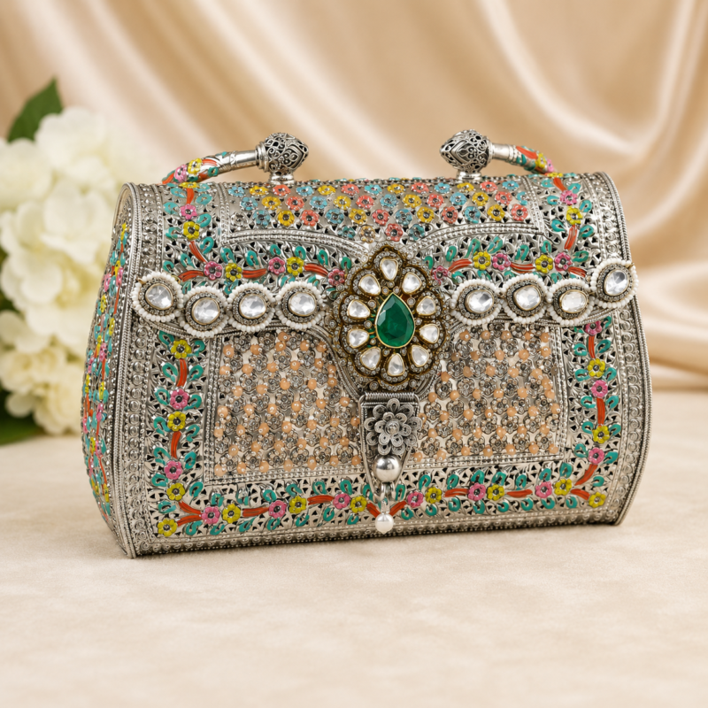 Luxury Multicolor Floral Designer Bridal Clutch Purse | Premium Handcrafted Wedding Handbag for Women