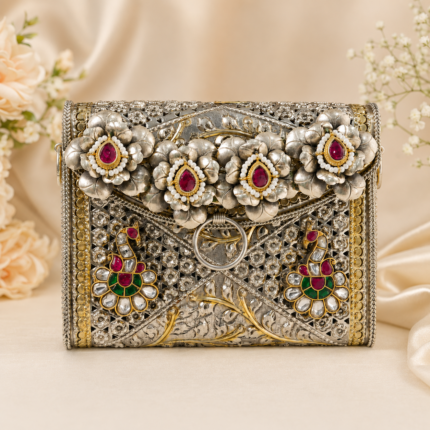 Luxury Peacock Designer Floral Clutch Antique Silver & Gold Bridal Evening Purse