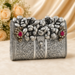 Luxury Silver Floral Embellished Bridal Clutch Purse for Women | Premium Designer Wedding Handbag