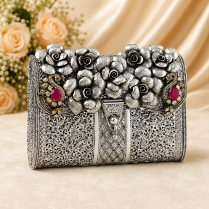 Luxury Silver Floral Embellished Bridal Clutch Purse for Women | Premium Designer Wedding Handbag