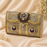 Luxury Silver & Gold Filigree Clutch with Royal Blue Stone Embellishments