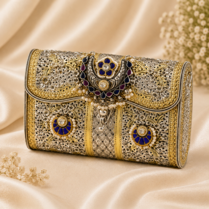 Luxury Silver & Gold Filigree Clutch with Royal Blue Stone Embellishments