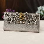 Royal Floral Silver Clutch with Krishna Motif Designer Potli Purse - Image 2