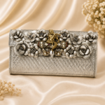 Royal Floral Silver Clutch with Krishna Motif Designer Potli Purse