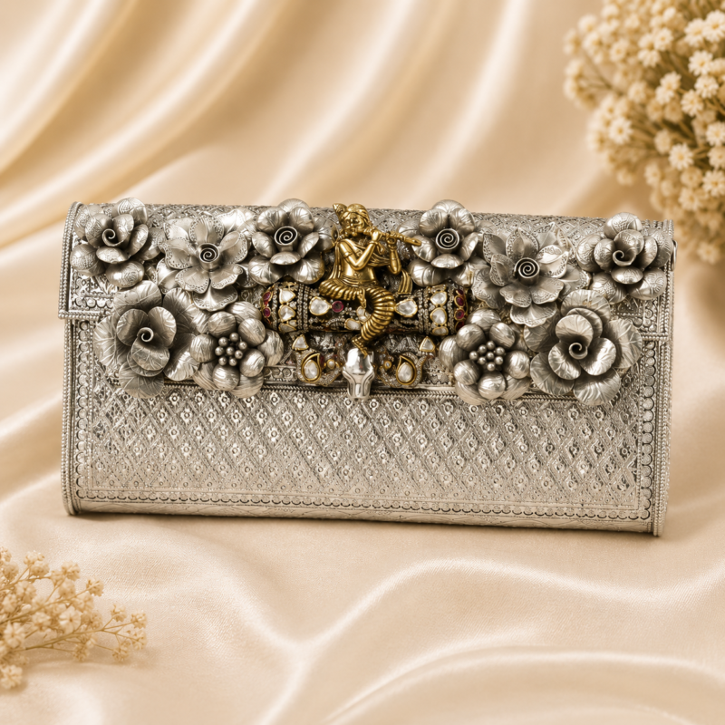 Royal Floral Silver Clutch with Krishna Motif Designer Potli Purse