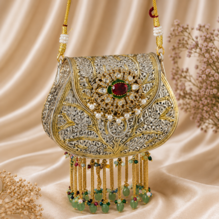 Royal Heritage Silver Filigree Potli Purse with Ruby Accent & Pearl Tassels