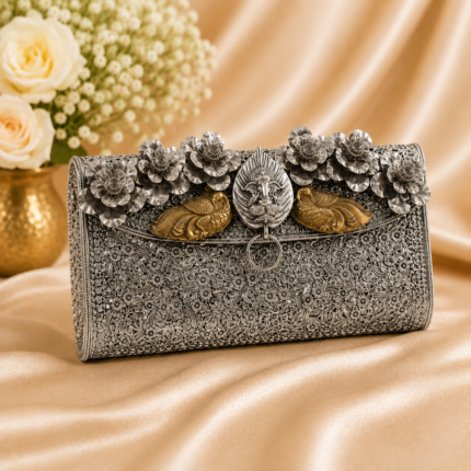 Royal Silver Floral Embossed Clutch Bag with Peacock & Ganesha Motif