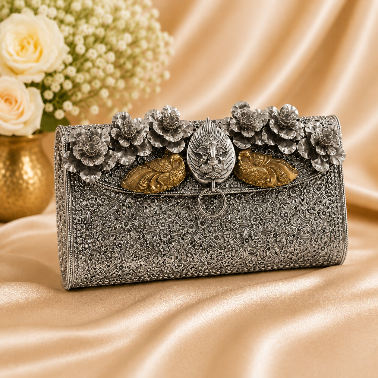 Royal Silver Floral Embossed Clutch Bag with Peacock & Ganesha Motif Royal Silver Floral Embossed Clutch Bag with Peacock & Ganesha Motif