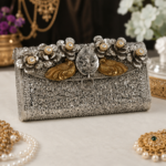 Royal Silver Floral Embossed Clutch Bag with Peacock & Ganesha Motif - Image 2