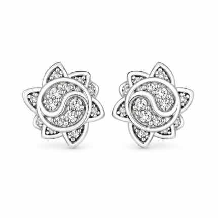 Silver Floral Swirl CZ Stud Earrings