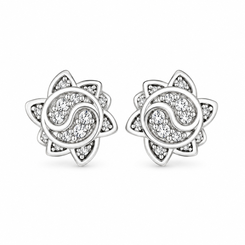Silver Floral Swirl CZ Stud Earrings