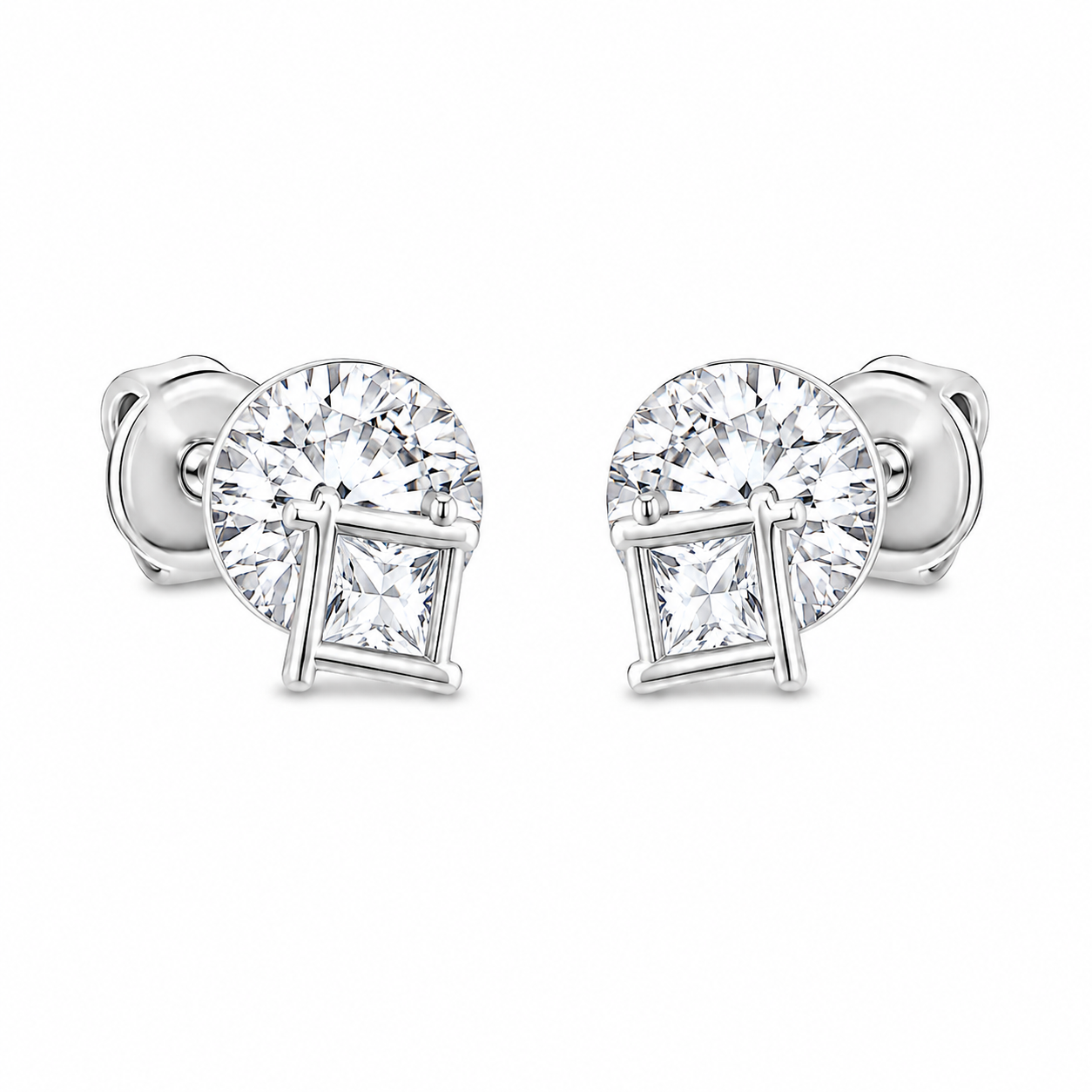 Silver Round & Princess Cut CZ Stud Earrings for Women Silver Princess Cut CZ Earrings