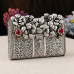 Luxury Silver Floral Embellished Bridal Clutch Purse for Women | Premium Designer Wedding Handbag - Image 2